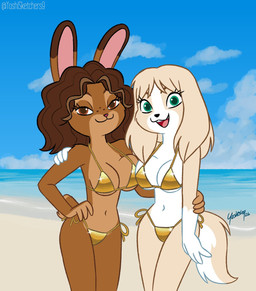 anthro beach bikini breast_squish breasts brown_body brown_eyes brown_hair clothed clothing duo female female/female fur gold_bikini green_eyes hair multicolored_body multicolored_fur navel open_mouth outside sand seaside sky squish swimwear tail two-piece_swimsuit water white_body yoshisketchers9 golden_week brianna_(yoshisketchers9) kelsey_(yoshisketchers9) canid canine canis domestic_dog lagomorph leporid mammal rabbit digital_media_(artwork) hi_res