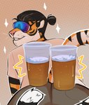 alcohol anthro beer beverage black_hair butt container cup eyewear fur hair looking_back male orange_body orange_fur pink_nose simple_background solo sunglasses teeth teeth_showing kaionart felid mammal pantherine tiger hi_res