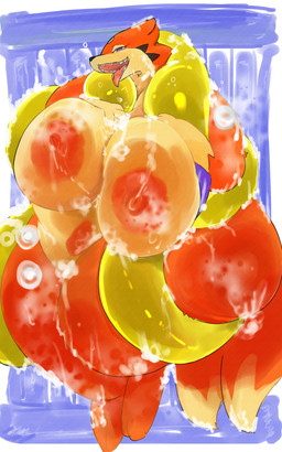 anthro areola big_breasts bodily_fluids breasts female female_anthro fur huge_breasts nipples nude orange_areola orange_body orange_nipples overweight overweight_anthro overweight_female solo 023 nintendo pokemon floatzel generation_4_pokemon mammal pokemon_(species) 5:8 absurd_res hi_res