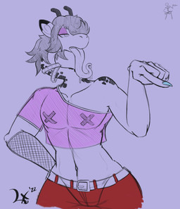 anthro armwear belt bodily_fluids bottomwear choker clothing cute_fangs dipstick_ears ear_markings eyeshadow fangs fishnet_armwear fishnet_clothing gesture half-closed_eyes hand_gesture horn jewelry long_tongue makeup male multicolored_ears narrowed_eyes necklace nipple_tape ossicone pants pasties pecs pointing pupils saliva saliva_string selective_coloring shirt simple_background slit_pupils solo tape teeth tongue topwear translucent translucent_clothing translucent_shirt translucent_topwear salaciouslx yaph_(amodestmouse) giraffe giraffid mammal 2022 hi_res signature sketch