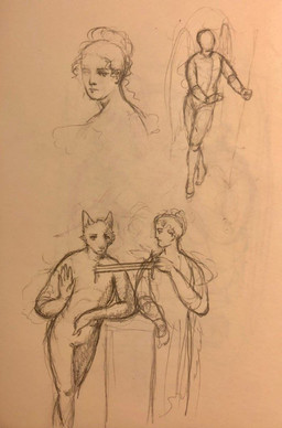 anthro clothed clothed_female clothed_human clothing ears_up eyebrows female fur gore group hair male melee_weapon raised_hand stab sword trio weapon reynard_goodfellow canid canine canis human mammal wolf monochrome