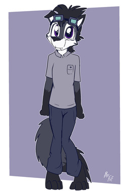 anthro biped black_hair black_markings black_nose blue_eyes bottomwear cheek_tuft clothing countershade_face countershade_torso countershading dipstick_ears dipstick_tail ear_markings facial_tuft fangs fluffy fluffy_tail front_view gloves_(marking) green_clothing green_shirt green_topwear grey_body hair leg_markings male markings multicolored_ears pants shirt short_hair simple_background socks_(marking) solo tail tail_markings teeth topwear tuft white_body white_countershading young young_anthro young_male fuf canid canine canis mammal wolf 2019 hi_res