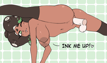 anus areola balls big_breasts breasts brown_areola brown_hair brown_nipples dark_body dark_skin dialogue dipstick_hair disembodied_penis eyelashes female genitals green_eyes green_hair hair heart_symbol male male/female navel nipples nude one_eye_closed pattern_background penetration penis pseudo_hair sex simple_background solo spread_legs spreading tentacle_hair tentacles text vaginal vaginal_penetration vulva wide_hips krahe nintendo splatoon marina_(splatoon) animal_humanoid cephalopod cephalopod_humanoid humanoid marine marine_humanoid mollusk mollusk_humanoid octarian octoling octopus_humanoid english_text