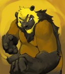 anthro belly biceps big_muscles blue_eyes claws fur grin looking_at_viewer male musclegut muscular muscular_anthro muscular_male nipples scar simple_background slightly_chubby smile solo yellow_body yellow_fur vu06 kuzuri gulonine mammal mustelid musteline wolverine