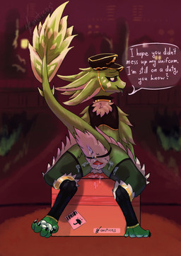 animal_genitalia anthro black_eyes bodily_fluids butt claws cloaca clothing crotch_tuft cum cum_on_butt delivery_(commerce) dripping exhibitionism feathers female genital_fluids genitals green_body half-closed_eyes headgear headwear legwear multi_ear narrowed_eyes neck_tuft package pawpads paws postal_delivery presenting presenting_hindquarters public public_exposure saliva saliva_drip simple_background sitting sitting_on_object solo text tongue tongue_out topwear tuft underfluffies uniform white_body arcticos avali absurd_res hi_res