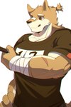 anthro biceps clothing fur kemono male scar simple_background solo hachi_duchi canid canine mammal 2018 2:3 absurd_res digital_media_(artwork) hi_res