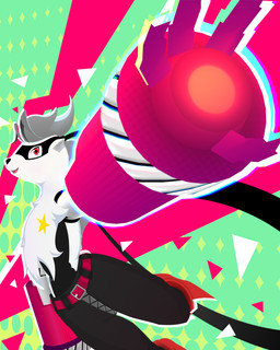 ambiguous_gender anthro arm_cannon belt black_body black_fur bottomwear clothing cybernetic_arm cybernetic_limb footwear fur grey_hair hair mask mechanical_arm open_mouth pants red_eyes shoes solo star white_body white_fur zipper catchallvirus bandai_namco digimon digimon_beatbreak digimon_(species) wolvermon 2026 4:5 absurd_res digital_media_(artwork) hi_res widescreen
