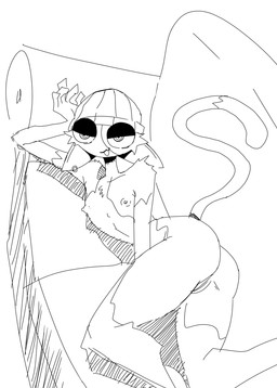 anthro breasts clothing female furniture genitals hat headgear headwear looking_at_viewer lying mostly_nude nipples pose posing_nude sketchy small_breasts sofa solo vulva wool_clothing wool_hat wool_headwear birriadelmal313 epic_games fortnite meow_skulls calico_cat domestic_cat felid feline felis mammal hi_res monochrome