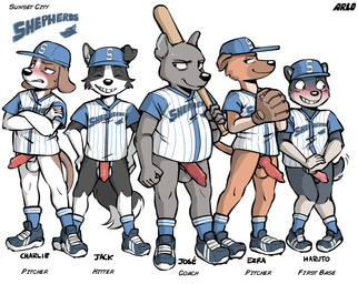 animal_genitalia animal_penis anthro baseball_cap baseball_glove baseball_uniform blush bottomless canine_genitalia canine_penis clothed clothing covering covering_crotch crossed_arms embarrassed erection footwear genitals group hairless hat headgear headwear knot male male/male nude penis public public_nudity shoes smug sneakers socks sportswear standing text uniform arloatdusk beagle border_collie canid canine canis collie domestic_dog greyhound hairless_dog herding_dog hunting_dog italian_greyhound mammal pastoral_dog primitive_dog scent_hound sheepdog shiba_inu sighthound spitz xoloitzcuintli english_text hi_res model_sheet