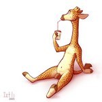 anthro balls beverage biped countershade_torso countershading eyebrows flaccid foreskin genitals holding_beverage holding_object hooves horn humanoid_genitalia humanoid_penis long_neck male navel ossicone penis simple_background sitting solo tail tail_tuft tuft white_background iztli giraffe giraffid mammal 1:1 2023 hi_res