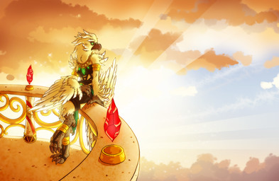 ambiguous_gender anthro beak biped clothed clothing cloud outside sitting solo sunset howlite avian bird