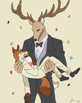 anthro antlers black_tie_(suit) bouquet bow_tie clothing collared_shirt confetti digit_ring duo flower flower_bouquet fluffy fluffy_tail formal_wear fur horn jewelry kemono male male/male multicolored_body multicolored_fur necktie orange_body orange_fur plant ring shirt size_difference suit tail tan_body tan_fur topwear turnabout two_tone_body two_tone_fur wedding wedding_ring riseidokokana canid canine deer fox mammal 4:5