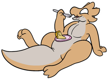 ambiguous_gender anthro cake cutlery dessert eating food fork horn kitchen_utensils nude open_mouth plate simple_background slightly_chubby smile solo tail thick_tail tools trout_(artist) kobold reptile scalie 11:8 2016 aliasing digital_media_(artwork)