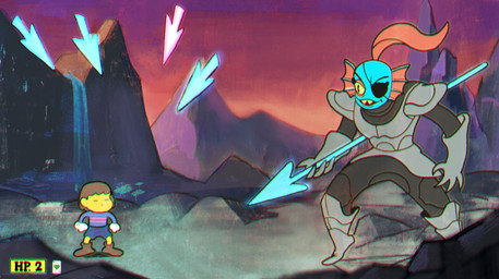 age_difference anthro armor boots brown_hair clothed clothing detailed_background duo eye_patch eyebrows eyelashes eyewear female footwear fully_clothed fur gui hair holding_object holding_weapon male melee_weapon mountain open_mouth open_smile pattern_clothing pattern_topwear polearm red_body red_fur shoes size_difference smile standing striped_clothing striped_topwear stripes style_emulation sunset sweater topwear water waterfall weapon yellow_body yellow_sclera yellow_skin mapofthe04 cuphead_(game) undertale undertale_(series) frisk_(undertale) undyne aquatic fish human mammal crossover full-length_portrait hi_res portrait