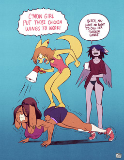 angry anthro bodily_fluids bottomwear breasts brown_hair butt clenched_teeth clothing dialogue exercise eyes_closed female footwear green_background group hair holding_megaphone leotard open_mouth push-up red_clothing red_shirt red_topwear shirt shoes shorts simple_background socks standing standing_on_character sweat tail teeth text topwear underwear elnikochoro canid canine canis domestic_dog mammal 2026 absurd_res digital_media_(artwork) english_text hi_res