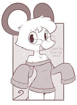 anthro blush blush_lines breasts clothing eyelashes eyewear fangs female fur glasses hair heart_symbol looking_at_viewer navel open_mouth simple_background small_breasts solo sparkles sweater tail teeth text tongue topwear white_body white_fur white_hair theartmanor molte mammal mouse murid murine rodent 2025 absurd_res english_text hi_res monochrome