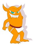 2_horns blue_eyes clothed clothing erection erection_under_clothing horn jockstrap male orange_body orange_horn orange_skin simple_background solo teeth underwear white_background jerseydevil ownage_pranks demon 2020 absurd_res hi_res