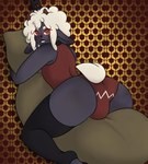 anthro bedroom_eyes big_butt biped blush bottomless bulge bulge_from_behind butt butt_focus clothed clothing collar femboy fur glowing hair headgear horizontal_pupils horn hug hugging_object hugging_pillow legwear leotard looking_at_viewer male male_anthro narrowed_eyes pattern_background pattern_clothing pillow pillow_grab pupils raised_tail red_eyes seductive simple_background smile solo tail thick_thighs thigh_highs topwear white_body white_fur wool_(fur) neptunebunny cult_of_the_lamb massive_monster_(studio) lamb_(cult_of_the_lamb) red_crown_(cult_of_the_lamb) bovid caprine domestic_sheep mammal sheep absurd_res colored digital_drawing_(artwork) digital_media_(artwork) hi_res shaded