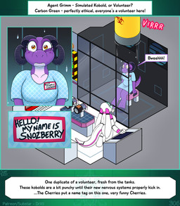 anthro big_breasts breasts claws clothed clothing female hazmat_suit horn non-mammal_breasts tail text text_box drxii kobold_quest gooseberry_kobold snozberry_kobold kobold reptile scalie digital_media_(artwork) english_text hi_res url