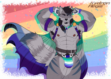 abs anthro armband armpit_hair belt biceps black_hair body_hair cape clothing confetti facial_hair flag flexing flexing_bicep flexing_both_biceps fur goatee grey_body grey_fur grin hair happy_trail harness hero jockstrap leg_markings lgbt_pride male male/male markings muscular muscular_male nipple_piercing nipples pecs piercing ponytail pride_colors smile solo superhero tail thigh_markings underwear vincian_pride_colors kydronaegis lgbt_pride_month salerei canid canine canis mammal wolf absurd_res hi_res