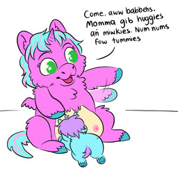 1_horn ambiguous_feral ambiguous_gender baby_talk blue_body blue_fur blue_hair blue_hooves blue_tail breastfeeding crotch_breasts dialogue duo eyelashes female female_feral feral fur good_parenting green_eyes hair highlights_(coloring) hooves horn motion_lines neonate nipples offscreen_character pink_body pink_fur pink_highlights purple_hair purple_tail simple_background sitting spiral_horn tail text white_background wings young young_ambiguous young_feral squeegull fluffy_pony mythology equid equine fluffy_pony_(species) mammal mythological_creature mythological_equine winged_unicorn 1:1 2025 absurd_res comic digital_media_(artwork) english_text flat_colors hi_res mother_(lore) mother_and_child_(lore) parent_(lore) parent_and_child_(lore)