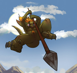 anthro anus attack attacking_viewer biped claws cloud dynamic_entry female genitals green_body green_skin hair jumping low-angle_view melee_weapon nude orange_hair perineum polearm purple_eyes sky solo spear sun vulva weapon worm's-eye_view feretta kobold scalie digital_media_(artwork) hi_res shaded