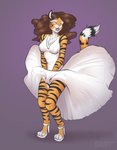 anthro brown_hair chest_tuft clothed clothing countershading dress female footwear fur hair high_heels open_mouth shoes smile solo striped_body striped_fur stripes tuft white_clothing white_dress white_footwear wind_lift reaper3d the_seven_year_itch alex_marx marilyn_monroe felid mammal pantherine prehistoric_species saber-toothed_tiger smilodon tiger digital_media_(artwork) hi_res shaded story story_in_description