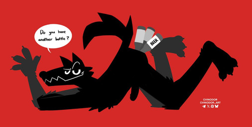 alcohol_enema all_fours anal anal_penetration bottle claws container erection fur genitals humanoid_genitalia humanoid_penis male mascot nude object_in_ass penetration penis sharp_teeth solo speech_bubble tail teeth text toony cvinodor canid canine canis mammal wolf english_text