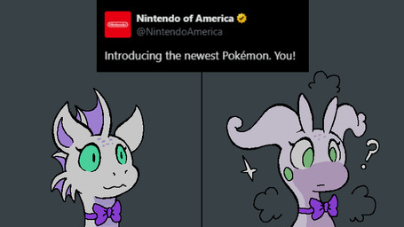 ambiguous_gender antennae_(anatomy) before_and_after black_outline bow_tie confusion countershading ear_fins feral fin fin_frill frill_(anatomy) green_eyes grey_background head_crest head_fin head_frill outline poof_transformation pupils purple_body purple_bow_tie purple_countershading purple_frill question_mark scales simple_background slit_pupils solo sparkles species_transformation teal_sclera text transformation tweet white_body skurrypls mythology nintendo no_thoughts_head_empty pokemon twitter dragon generation_6_pokemon goodra mythological_creature mythological_scalie pokemon_(species) scalie aliasing binary_drawing digital_drawing_(artwork) digital_media_(artwork) english_text flat_colors headshot_portrait portrait nonbinary_(lore)