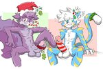 3:2 anthro balls candy_cane_condom christmas condom duo eyebrows felid genitals gio_(da_goop) gobbldy hi_res holidays holly_(plant) humanoid male male/male mammal mephitid mistletoe pantherine penis plant presenting sexual_barrier_device shy skunk tiger zack_(pundercracker)