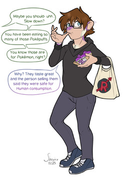 brown_hair clothed clothing eyewear footwear fur glasses hair imminent_transformation male purple_body purple_fur shoes shopping_bag sneakers solo text wearing_glasses shrubie_fox human mammal english_text hi_res