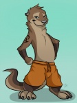 4_toes anthro barefoot biped brown_body brown_fur claws clothed clothing feet fur hands_on_hips looking_at_viewer male smile solo swimming_trunks swimwear tail tattoo toes toony topless theothefox mammal mustelid otter 2012 cel_shading shaded