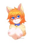2019 3:4 anthro areola bell bell_collar blue_collar blue_eyes blush breasts collaboration collar collar_only digital_media_(artwork) domestic_cat eyewear eyewear_only felid feline felis female glasses glasses_only hair half-length_portrait hi_res long_hair looking_at_viewer lunarii mammal nipples nude orange_hair pink_areola pink_inner_ear pink_nipples pink_nose portrait queen_(alfa995) red_eyewear red_glasses round_glasses shaded simple_background sluggystudio solo wearing_glasses white_background x-leon-x