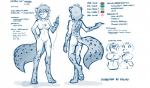2019 anthro breasts butt canid canine casual_nudity conditional_dnp digitigrade english_text eric_vaughan featureless_breasts featureless_crotch felid feline female front_view fur hand_on_hip hi_res holding_object hybrid kathrin_vaughan keidran looking_at_viewer mammal markings mentioned_character model_sheet monochrome nude one_leg_up pawpads raised_leg rear_view sewing_needle simple_background sketch smile solo spots spotted_body spotted_fur text tom_fischbach twokinds white_background