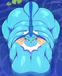 anthro anthrofied big_breasts breasts dripping_wet female huge_breasts lily_pad looking_at_viewer obese obese_anthro obese_female overweight overweight_anthro overweight_female partially_submerged plant public public_nudity purple_eyes smile water wet chowdie nintendo pokemon lapis_(chowdie) eeveelution generation_1_pokemon pokemon_(species) vaporeon 2023 hi_res