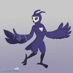 anthro anthrofied beak breasts broken_wing chest_tuft eyelashes feathers featureless_crotch feet female grey_background hair heart_on_body leaf leaf_ears looking_at_viewer on_one_leg orange_eyes prosthetic_wing purple_body purple_feathers purple_hair simple_background small_breasts solo standing straps tail tail_feathers talons toes tongue tuft white_face winged_arms wings whitecrocus microsoft ori_(series) xbox_game_studios ku_(ori) avian bird owl 1:1 digital_media_(artwork) hi_res