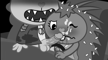 big_penis bodily_fluids breasts car dripping driving_car duo female genital_fluids genitals licking male male/female oral penile penis penis_lick precum precum_drip questionable_consent sex sharp_teeth teeth tongue vehicle axsian happy_tree_friends flaky_(htf) flippy_(htf) bear mammal porcupine rodent greyscale hi_res monochrome