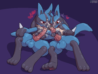 animal_genitalia animal_penis anthro balls big_balls big_penis black_body black_fur blue_body blue_fur blush bodily_fluids canine_genitalia canine_penis cum cum_on_face cum_on_hand cum_on_own_face cum_on_penis cum_on_self cumshot duo ejaculation erection fur genital_fluids genitals gloves_(marking) handjob knot male male/male markings motion_lines multicolored_body multicolored_fur mutual_handjob mutual_masturbation nude open_mouth orgasm pawpads penile penis red_eyes sex spikes spikes_(anatomy) tan_body tan_fur tongue tongue_out conditional_dnp phosaggro nintendo pokemon canid canine generation_4_pokemon lucario mammal pokemon_(species) 2021 4:3 dated digital_media_(artwork) pixel_(artwork)
