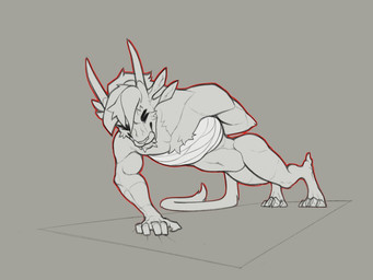 4_ears 4_horns anthro bandage bandaged_chest bottomless claws clothed clothing exercise eyes_closed female horn multi_ear multi_horn navel push-up solo toe_claws dem0npaws guild_wars charr felid mammal 2024