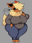 anthro big_breasts black_sclera blonde_hair bottomwear breasts clothed clothing female hair heart_symbol huge_breasts huge_hips huge_thighs neck_tuft orange_body pants shirt solo text thick_thighs topwear tuft white_eyes wide_hips lewd_dorky nintendo pokemon eeveelution flareon generation_1_pokemon pokemon_(species) english_text hi_res