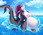 anthro areola belly big_belly blue_sky breasts day female genitals grey_body grin hair looking_at_viewer narrowed_eyes navel nipples nude outside partially_submerged pink_areola pink_hair pink_nipples pregnant pregnant_anthro pregnant_female purple_hair pussy sky smile solo splash white_body tiggybloom fish marine shark 2023 dated hi_res