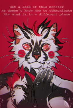 anthro black_body black_fur black_hair black_tail cheek_tuft facial_tuft front_view fur glistening glistening_eyes hair logo looking_at_viewer male male_anthro mouth_closed multicolored_hair pupils red_background red_eyes red_hair red_tail simple_background slit_pupils solo tail text tuft whiskers white_body white_fur white_hair white_tail yellow_eyes justkiddinb felid mammal artist_logo bust_portrait english_text portrait
