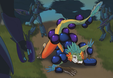 all_fours anthro bdsm blue_body blue_clothing blue_feathers bondage bound claws clothing encasement feathered_crest feathered_tail feathers grass green_body green_feathers group gun head_crest kronos_unveiled latex male outside path plant ranged_weapon red_body red_feathers slime standing tail toe_claws tree weapon yellow_body yellow_feathers cuttote halo_(series) microsoft xbox_game_studios alexian alien dinosaur dromaeosaurid prehistoric_species reptile sangheili saurischian scalie theropod 2026 digital_drawing_(artwork) digital_media_(artwork) hi_res