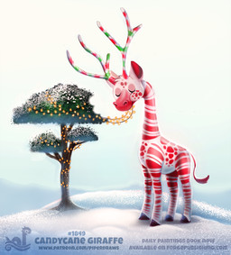 ambiguous_gender candy candy_cane christmas_decorations christmas_lights dessert eating eyes_closed feral food fur holidays horn humor plant pun red_body red_fur snow solo tree visual_pun white_body white_fur piper_thibodeau christmas food_creature giraffe giraffid mammal 2017 digital_media_(artwork) digital_painting_(artwork) painting_(artwork)