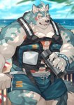 anthro beach beach_umbrella blue_bottomwear blue_clothing blue_shorts blurred_background bottomwear clothing cloud fingers male muscular muscular_anthro muscular_male open_mouth outside parasol sand sea seaside sharp_teeth shorts sky solo summer teeth thermos thick_thighs water wide_hips yed asian_mythology lifewonders mythology tokyo_afterschool_summoners oguchi_magami_(tas) canid canine canis mammal wolf 2023 absurd_res hi_res