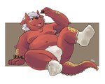 anthro asian_clothing belly big_belly bulge clothing east_asian_clothing fundoshi japanese_clothing kemono male moobs navel nipples overweight overweight_male red_body solo tongue tongue_out underwear white_clothing white_fundoshi white_underwear flappydog demon 2022 5:4 hi_res