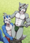 anthro assisted_exposure blue_body blue_eyes blue_fur bottomwear clothing duo fur green_eyes grey_body grey_fur loincloth male male/male pantsing undressing baroque_(artist) canid canine canis mammal wolf hi_res