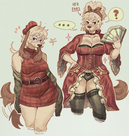 5_fingers accessory anthro belly_outline belt beret black_bra black_clothing black_legwear black_panties black_thigh_highs black_underwear bra breast_squish breasts brown_belt brown_ears brown_eyes brown_tail chest_tuft cleavage clothed clothing corset_dress dreadlocks dress ears_tied ellipsis emanata eyewear female fingers floppy_ears fluffy fluffy_tail frilly frilly_clothing frilly_dress frilly_topwear front_view fur glasses grey_background hair hair_accessory hair_ribbon hair_tie hairclip halter_top hand_fan hand_on_hip hat headgear headwear humanoid_hands kinky_hair lace_bra lace_panties lace_thigh_highs legwear lidded_eyes medium_breasts neck_ribbon oversized_sleeves panties pantsless partially_clothed pattern_clothing pattern_topwear plaid plaid_clothing plaid_topwear pose pouting red_beret red_clothing red_dress renaissance_clothing ribbons round_glasses short_dress short_hair simple_background sleeves_past_fingers smile smirk snout solo sparkles speech_bubble squish standing tail tail_motion tailwag text thigh_highs three-quarter_view tied_hair topwear translucent_thigh_highs tuft underwear white_body white_fur white_hair wolfertinger penelope_(wolfertinger) beagle canid canine canis domestic_dog hunting_dog mammal scent_hound 2025 english_text hi_res pinup portrait shaded soft_shading three-quarter_portrait nonbinary_(lore) trans_(lore) trans_woman_(lore)