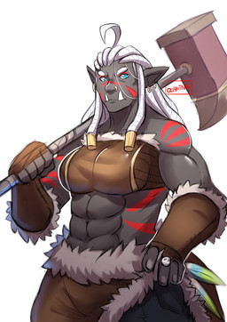 abs armwear blue_eyes breasts clothing dreadlocks ear_piercing elbow_gloves facial_piercing female fingerless_gloves frown gloves grey_body grey_skin hair hammer hand_on_hip handwear holding_object looking_at_viewer melee_weapon muscular muscular_female muscular_humanoid nose_piercing nose_ring not_furry piercing ring ring_piercing simple_background solo standing tattoo tools topwear tube_top tusks warhammer weapon white_background white_hair ocaritna humanoid orc 2016 digital_media_(artwork)