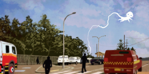 :o ambiguous_gender ambulance blue_sky car cloud detailed_background feral group open_mouth outside plant road sky tree vehicle jejejunum secret_(jejejunum) fraid_(species) human mammal spirit 2025 hi_res
